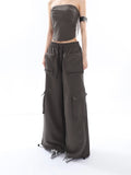 Prettyswomen Shaya Solid Color Dark Grey Bandeau Sleeveless Slim Cropped Top + High Wasit Multi-Pocket Straight Leg Baggy Cargo Pants Matching Set