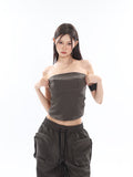 Prettyswomen Shaya Solid Color Dark Grey Bandeau Sleeveless Slim Cropped Top + High Wasit Multi-Pocket Straight Leg Baggy Cargo Pants Matching Set