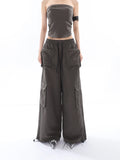 Prettyswomen Shaya Solid Color Dark Grey Bandeau Sleeveless Slim Cropped Top + High Wasit Multi-Pocket Straight Leg Baggy Cargo Pants Matching Set