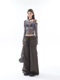 Prettyswomen Shaya Solid Color Dark Grey Bandeau Sleeveless Slim Cropped Top + High Wasit Multi-Pocket Straight Leg Baggy Cargo Pants Matching Set