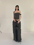 Prettyswomen Shaya Solid Color Dark Grey Bandeau Sleeveless Slim Cropped Top + High Wasit Multi-Pocket Straight Leg Baggy Cargo Pants Matching Set