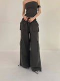 Prettyswomen Shaya Solid Color Dark Grey Bandeau Sleeveless Slim Cropped Top + High Wasit Multi-Pocket Straight Leg Baggy Cargo Pants Matching Set