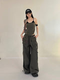 Prettyswomen Shaya Solid Color Dark Grey Bandeau Sleeveless Slim Cropped Top + High Wasit Multi-Pocket Straight Leg Baggy Cargo Pants Matching Set