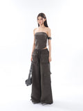 Prettyswomen Shaya Solid Color Dark Grey Bandeau Sleeveless Slim Cropped Top + High Wasit Multi-Pocket Straight Leg Baggy Cargo Pants Matching Set