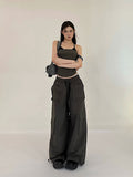 Prettyswomen Shaya Solid Color Dark Grey Bandeau Sleeveless Slim Cropped Top + High Wasit Multi-Pocket Straight Leg Baggy Cargo Pants Matching Set