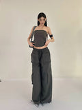 Prettyswomen Shaya Solid Color Dark Grey Bandeau Sleeveless Slim Cropped Top + High Wasit Multi-Pocket Straight Leg Baggy Cargo Pants Matching Set