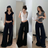 Prettyswomen Latoya Solid Color V-Neck Short Sleeve Slim Cropped Top + Low Waist Suit Straight Leg Pants Matching Set