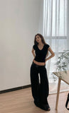 Prettyswomen Latoya Solid Color V-Neck Short Sleeve Slim Cropped Top + Low Waist Suit Straight Leg Pants Matching Set