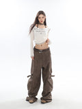 Prettyswomen Natasha Washed Leather Zip Up Multi-Zipper Long Sleeve Jacket + High Waist Straight Leg Multi Pocket Cargo Long Baggy Pants Matching Set