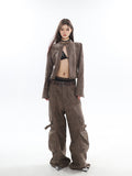 Prettyswomen Natasha Washed Leather Zip Up Multi-Zipper Long Sleeve Jacket + High Waist Straight Leg Multi Pocket Cargo Long Baggy Pants Matching Set