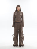 Prettyswomen Natasha Washed Leather Zip Up Multi-Zipper Long Sleeve Jacket + High Waist Straight Leg Multi Pocket Cargo Long Baggy Pants Matching Set