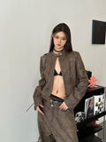 Prettyswomen Natasha Washed Leather Zip Up Multi-Zipper Long Sleeve Jacket + High Waist Straight Leg Multi Pocket Cargo Long Baggy Pants Matching Set