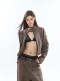 Prettyswomen Natasha Washed Leather Zip Up Multi-Zipper Long Sleeve Jacket + High Waist Straight Leg Multi Pocket Cargo Long Baggy Pants Matching Set