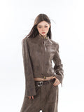 Prettyswomen Natasha Washed Leather Zip Up Multi-Zipper Long Sleeve Jacket + High Waist Straight Leg Multi Pocket Cargo Long Baggy Pants Matching Set