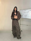 Prettyswomen Natasha Washed Leather Zip Up Multi-Zipper Long Sleeve Jacket + High Waist Straight Leg Multi Pocket Cargo Long Baggy Pants Matching Set