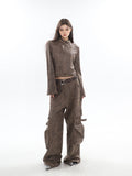 Prettyswomen Natasha Washed Leather Zip Up Multi-Zipper Long Sleeve Jacket + High Waist Straight Leg Multi Pocket Cargo Long Baggy Pants Matching Set