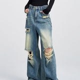 tomboy outfit Korean-Style Retro Black Ripped Jeans Men's and Women's Summer New Ins Fashion Brand Straight Loose Mop Wide-Leg Pants