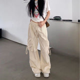 Prettyswomen-shop outfit ideas for school Fall street style Retro Straight Wide-Leg Pants Large Pocket Hip Hop Street Casual Pants White