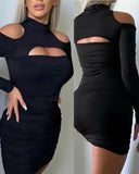 Prettyswomen Women Elegant Evening Party Hollow Out Wrap Mini Black Dress Sexy Club Fashion Turtleneck Bodycon Dresses WinteR