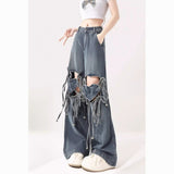 90s streetwear Love Knot Knee-Heart Denim Pants