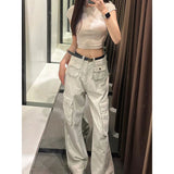 tomboy outfit American High Street Retro Multi-Pocket High Waist Loose Wide Leg Denim Pants