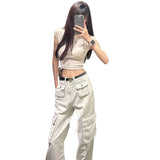 tomboy outfit American High Street Retro Multi-Pocket High Waist Loose Wide Leg Denim Pants