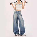 comfy school outfits Fall Street Vibe Style Jeans Women's High Waist Loose Straight Pear Shape Chubby Girl Light Blue Wide Leg Pants