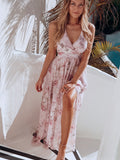 Prettyswomen new spring and summer ebay European and American foreign trade printed chiffon dress sleeveless holiday beach slit long skirt