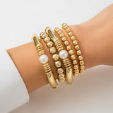 gold Punk Style Imitation Pearl round Beads Stacked Bracelet Suit Exaggerated Personality Metal Elbow Bracelet