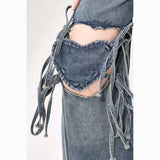 90s streetwear Love Knot Knee-Heart Denim Pants