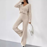 set 2024 Women's New Autumn Casual Straight Pants V-neck Haier Roll Washing and Baking Suit