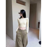 fall street style Knitted Short Top round Neck Slim Fit Slimming Versatile Waist-Exposed Long Sleeve Bottoming Shirt