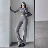 Prettyswomen Alias Solid Color Ribbed Slim Long Sleeve Cropped Top High Waist Pants Matching Set