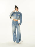 Prettyswomen Dallas Patchwork Denim Blue Cropped Jeans Jacket High Waist Straight Leg Denim Jeans Pants Matching Set