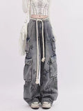 y2k Street Fun Graffiti Multi-Pocket Workwear Jeans Women's Spring High Waist Loose Slimming Wide Leg Mopping Pants