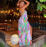 Prettyswomen Printed Lace-Up Slit Backless Beach Dresses