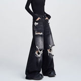 tomboy outfit Korean-Style Retro Black Ripped Jeans Men's and Women's Summer New Ins Fashion Brand Straight Loose Mop Wide-Leg Pants