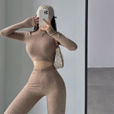 Prettyswomen Alias Solid Color Ribbed Slim Long Sleeve Cropped Top High Waist Pants Matching Set