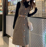 outfit inspo Korean Style Dress Set Women Autumn Winter Solid Base Sweater and Sleeveless Knee-Length Plaid Tweed Dresses