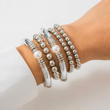 gold Punk Style Imitation Pearl round Beads Stacked Bracelet Suit Exaggerated Personality Metal Elbow Bracelet