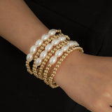 gold Punk Style Imitation Pearl round Beads Stacked Bracelet Suit Exaggerated Personality Metal Elbow Bracelet