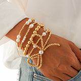 gold Punk Style Imitation Pearl round Beads Stacked Bracelet Suit Exaggerated Personality Metal Elbow Bracelet