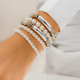 gold Punk Style Imitation Pearl round Beads Stacked Bracelet Suit Exaggerated Personality Metal Elbow Bracelet