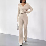 Prettyswomen-shop set 2024 Women's New Autumn Casual Straight Pants V-neck Haier Roll Washing and Baking Suit