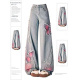 fall outfits aesthetic Elegant Embroidered Washed Jeans Women's Spring Trendy Western Style Butterfly Stitching Trousers Design Frayed Wide-Leg Pants