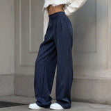 business casual women outfits chic Women's High Waist Straight Wide-Leg Pants Autumn and Winter New Navy Blue Striped Fashion Casual Trousers