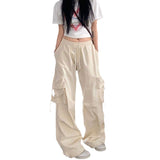 tomboy outfit American Retro Straight Wide-Leg Pants Large Pocket Hip Hop Street Mopping Casual Pants White Loose Overalls Ins