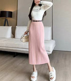 2000s fashion Knitted Skirt for Women Autumn and Winter New High-Grade Elastic Belt Belt Draping Pit Straight Skirt One-Step Skirt