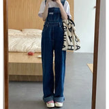 korean fashion Denim Suspender Pants for Women Spring and Autumn New High Waist Loose Straight Pants Slimming Jeans Suspender Wide Leg Pants