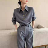 Prettyswomen-shop dress shirt Gray Old Money Style Polo Collar Pullover Shirt Suit 2024 New Fashion All-Match Temperament Pants Two-Piece Set